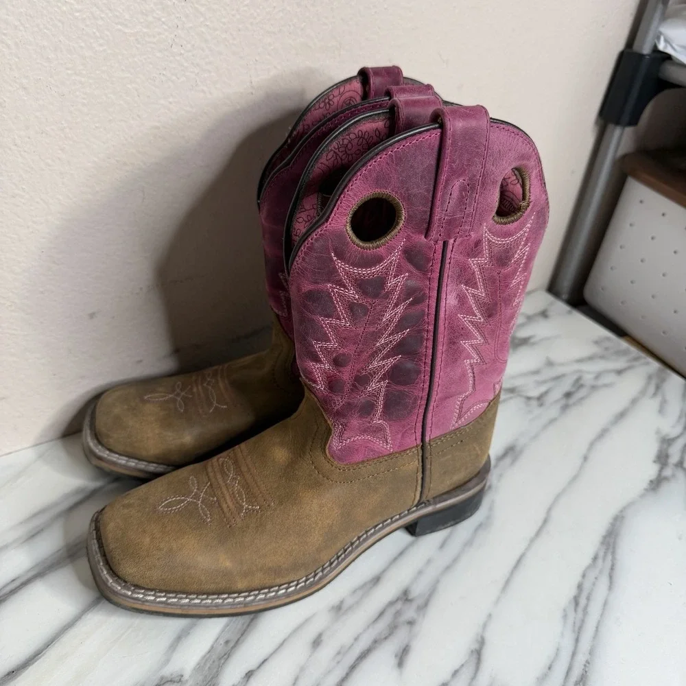Shyanne Girls Pink & Brown Leather Western Boots Size 3 Cowgirl Boho Ranch Rodeo